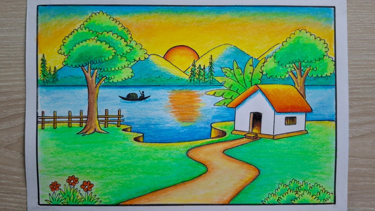 How to Draw Beautiful Village Sunset Scenery Drawing | Mountain Landscape Drawing with Oil Pastel