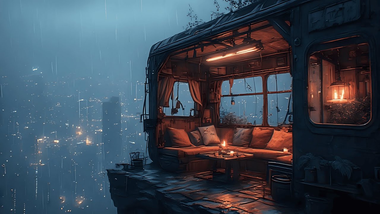 Moonwave Lofi – Heavy Rain Inside a Broken Bus Overlooking the Megacity | Lofi Music to Focus