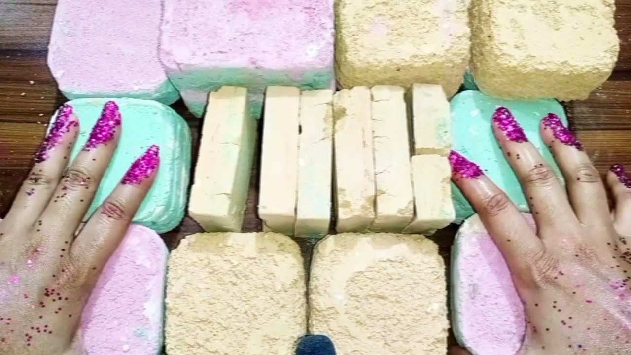 Yellow and parrot green chalk block crush | satisfying asmr video 