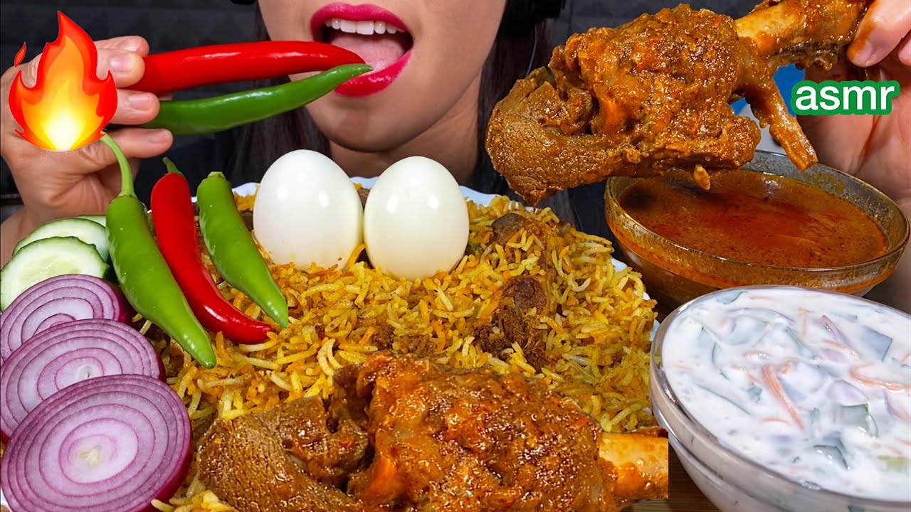 ASMR MUTTON BIRYANI, SPICY MUTTON LEG CURRY, EGGS, RAITA, VEGETABLES 먹방 Eating Sounds