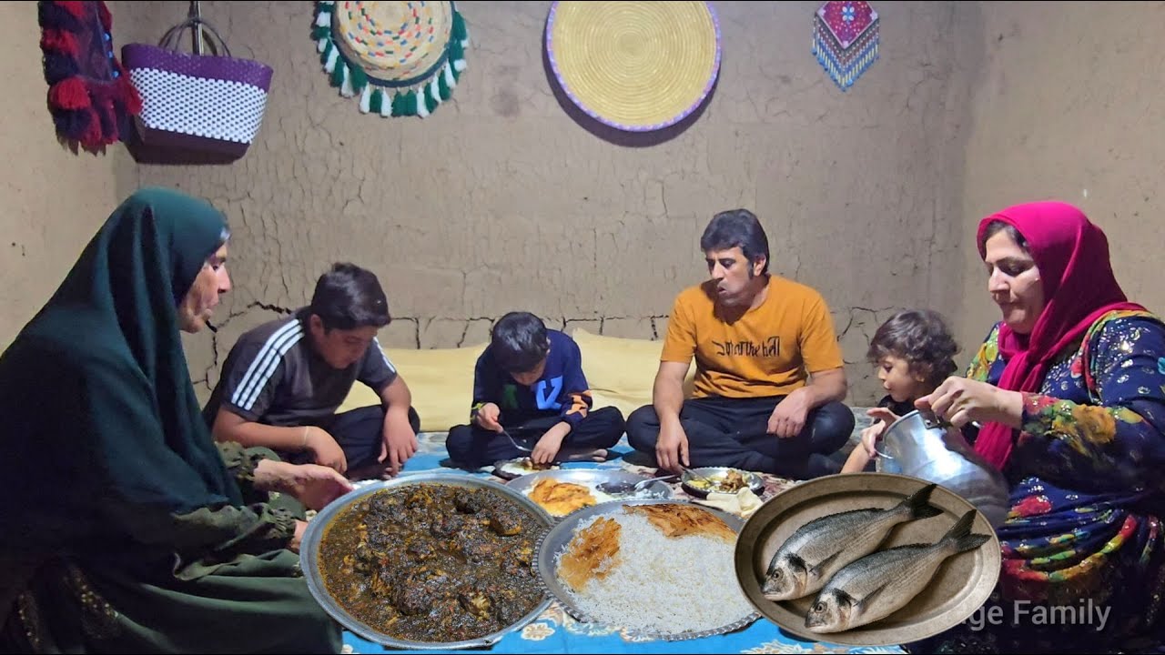 Dinner with an Iranian Village Family in Their Traditional Mud House | Cooking Fish & Rice in rural