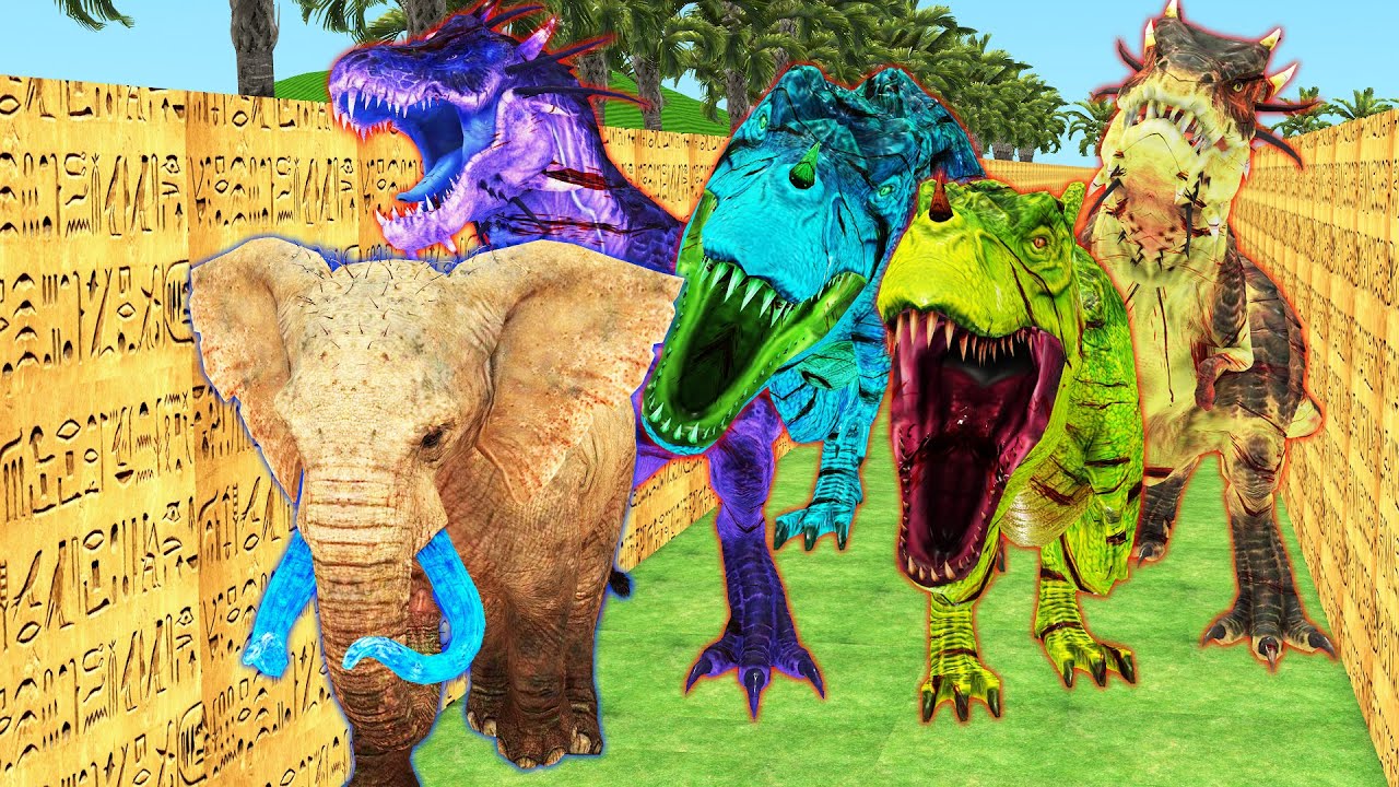 Flock T-Rex colored chasing Elephant in scary ancient maze