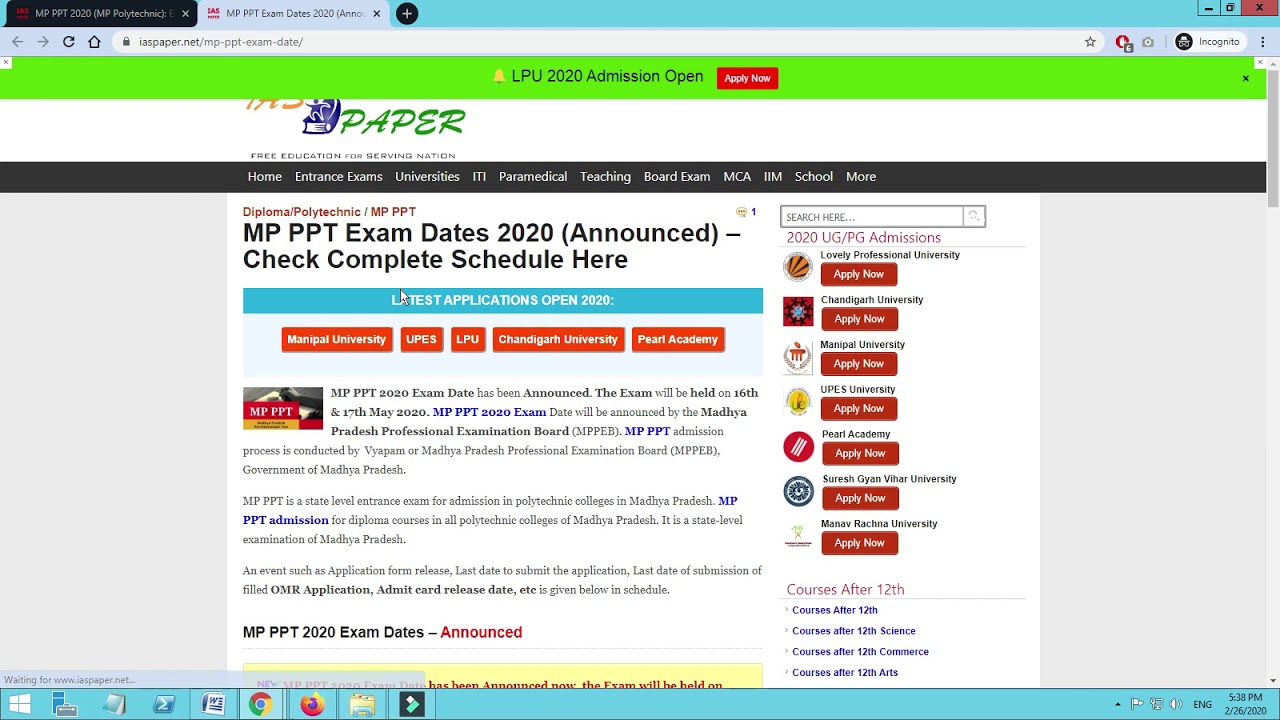 MP PPT 2020 Exam Dates (Announced) - Check Here Complete Schedule