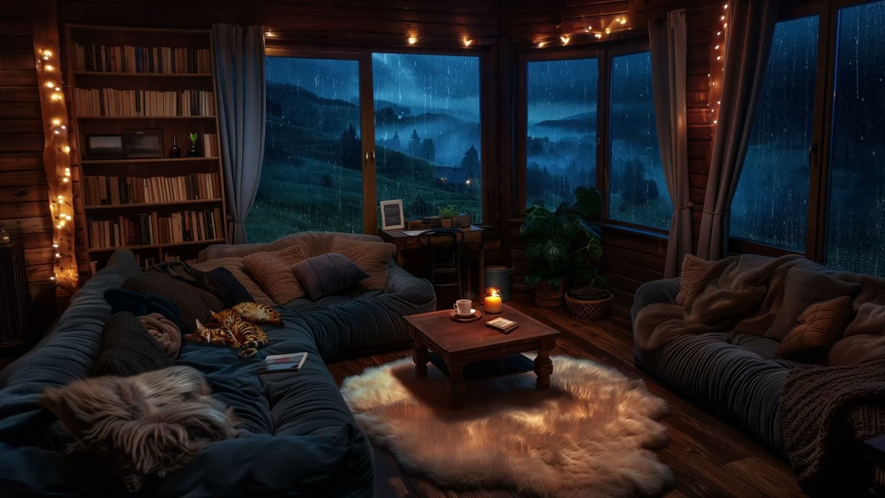 Cozy Living Room Rain Ambiance - Gentle Rain, Sleeping Cats, and Warm Light