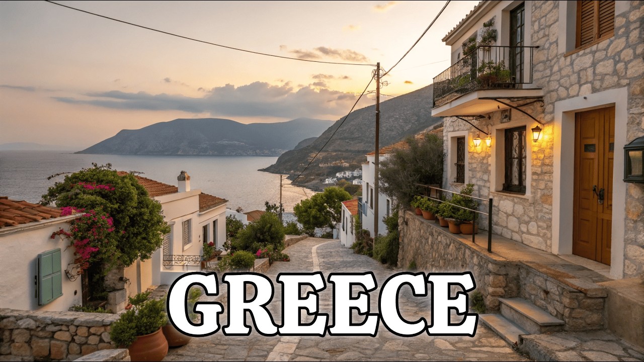 Greece 4K Walking Tour 🇬🇷 Beautiful Seaside Town | Sea, Mountains & Evening Atmosphere | Real Sounds