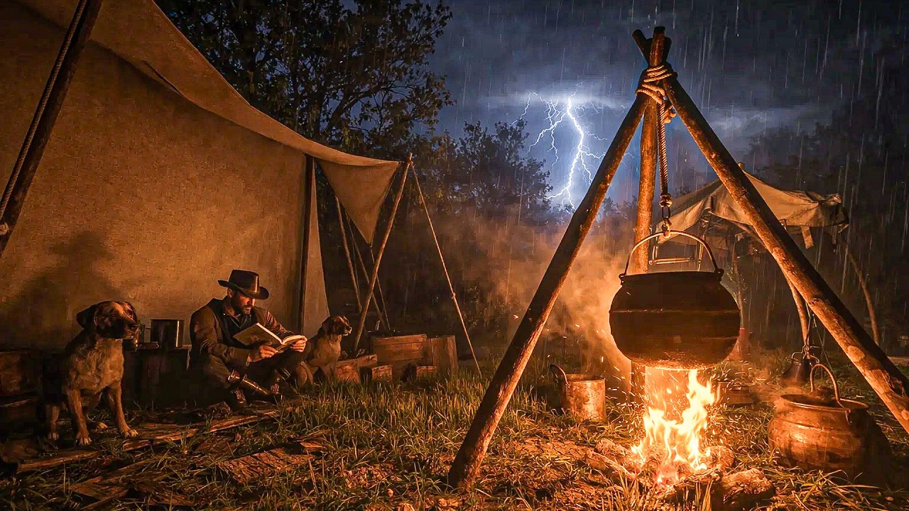 Peace in the Storm — Arthur and His Loyal Dogs Tent Camping During Heavy Thunderstorm | RDR2 ASMR