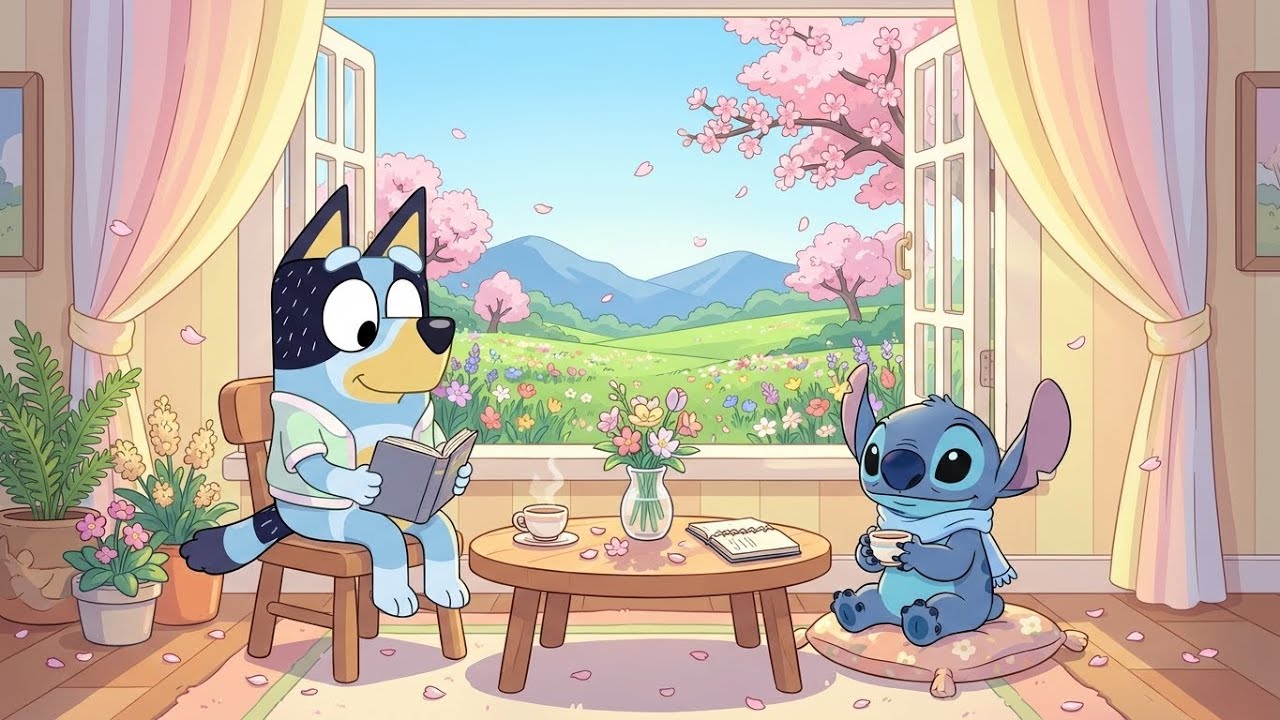 Stitch & Bluey Spring Window Calm 🌸 Cozy Lofi Beats to Relax & Focus ☕ Peaceful Day Mood