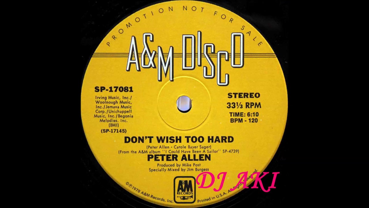 Peter Allen -  Don't Wish Too Hard (US Promo 12`Jim Burgess Remix Long Version)