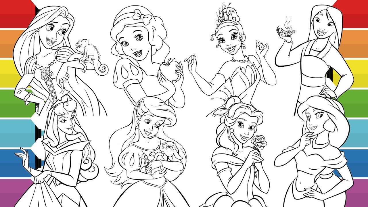 Disney Princess Coloring Pages | Tiana Mulan Ariel Aurora Jasmine Belle Rapunzel Snow White