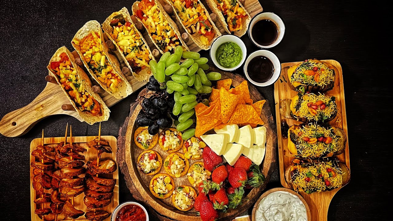 Holi Starters Fusion Charcuterie Board | Papad Tacos | Spiral Chat Potato | Hasselback Dabeli Potato