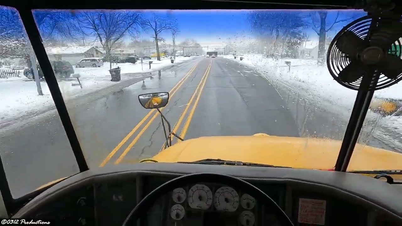 Driver POV in the Snow in A 2004 IC CE200 School Bus W/ T444E