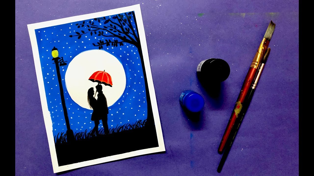 Moonlight Romantic Couple Painting with Poster Colour | Step by Step