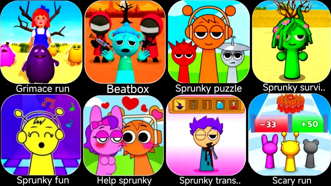 Grimace run,Beatbox survival,Sprunky puzzle,Sprunky survival,Sprunky fun,Help Sprunky,Scary run. 