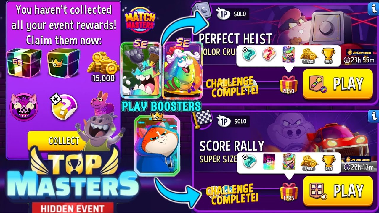 Collect Rewards Top Masters/ 2 Solo/ Color Crush+Rainbow Perfect Heist/ Super Sized+Bombs Away