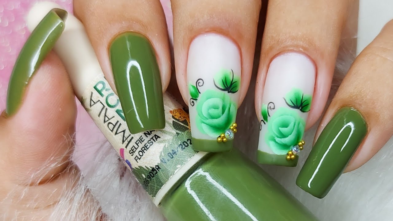 unhas decoradas - rosa verde em one stroke - passo a passo