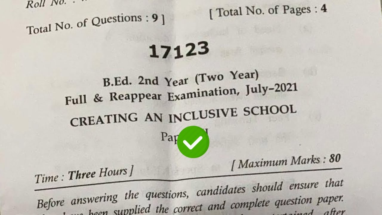 Mdu B Ed 2nd Year Creating an Inclusive School Question Paper 2021