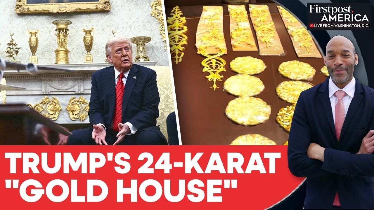 Смотрите: Трамп демонстрирует украшения Овального кабинета из 24-каратного золота | Firstpost Ame...