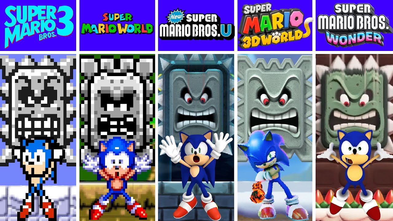 Evolution of Sonic Dying Crushed by Thwomps in Super Mario Games Fan Mod Games (1988-2025)