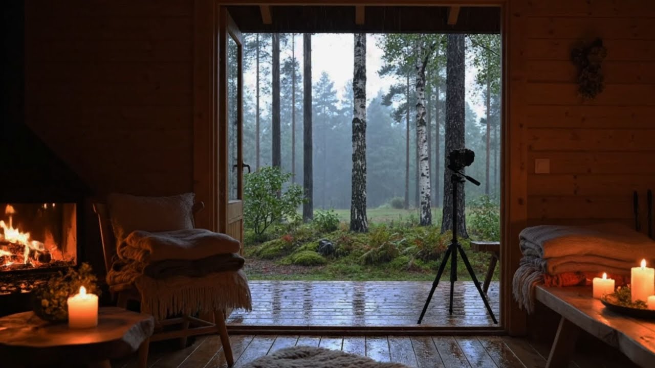 Heavy Night Rain in a Cozy Forest Cabin 2 Hours Wooden House Ambience for Sleep Study Relax