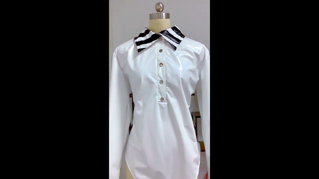 Sexy Latex PVC Bodysuit Wet Look Gothic Leather Long Sleeve OL Shirt Button Down Bodysuit