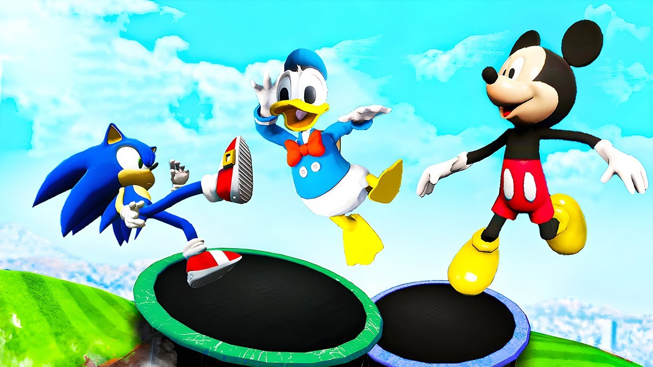GTA 5 Mickey Mouse VS Sonic and Donald Duck Trampoline Jumping Ragdolls