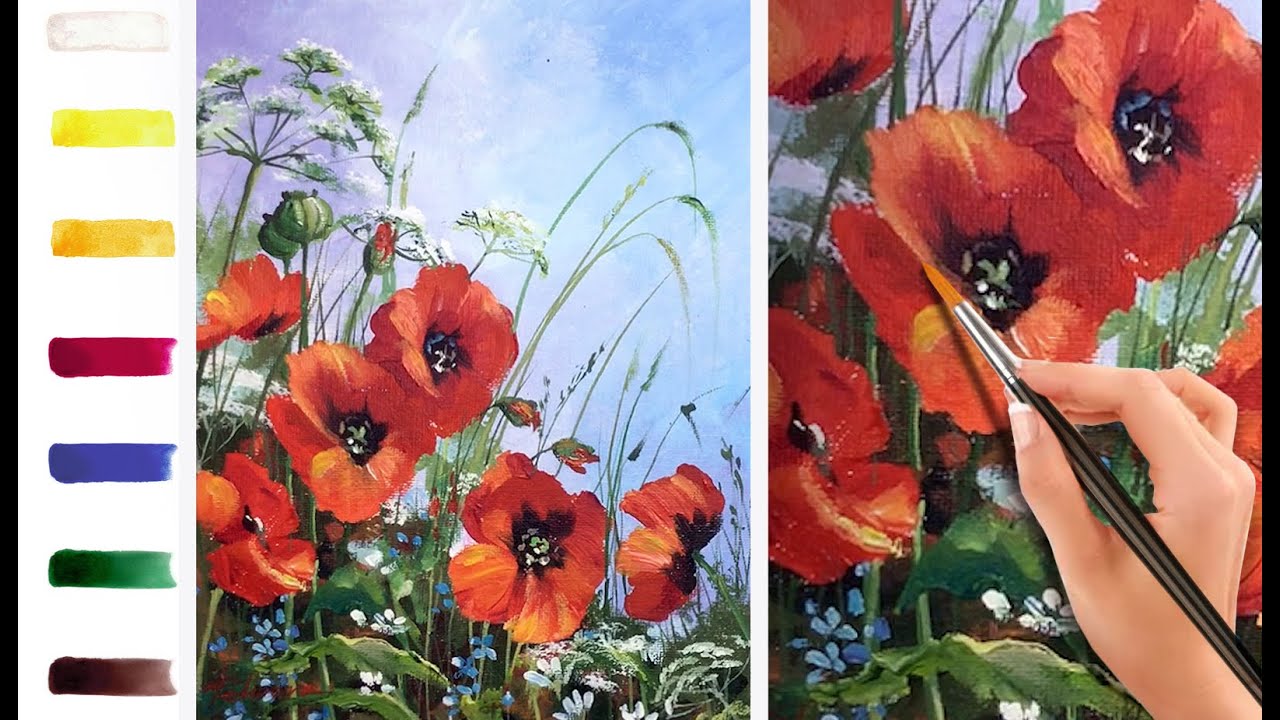 Маки и травы. Как нарисовать цветы 🎨АКРИЛ! Мастер-класс ДЕМО
