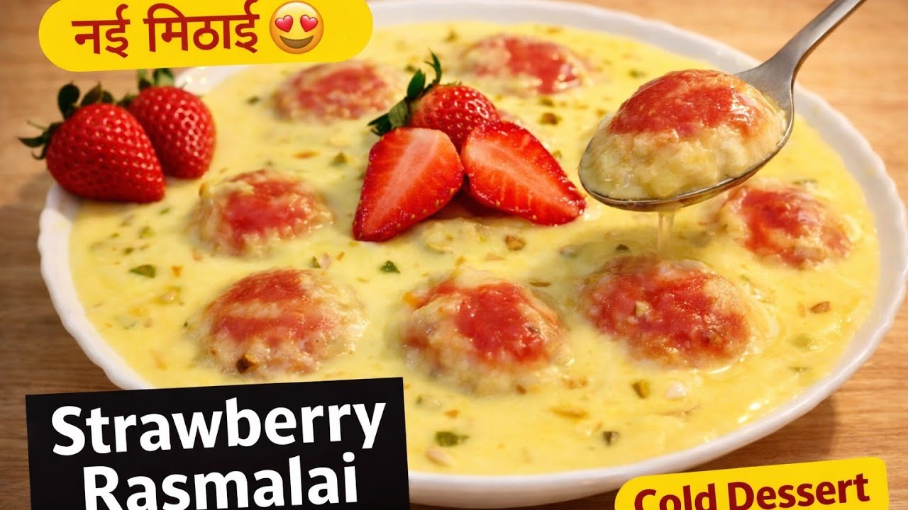  Strawberry Rasmalai 🍓 गर्मियों की ठंडी-ठंडी मिठाई | Easy Dessert | RasmalaiMalai | Instant sweet