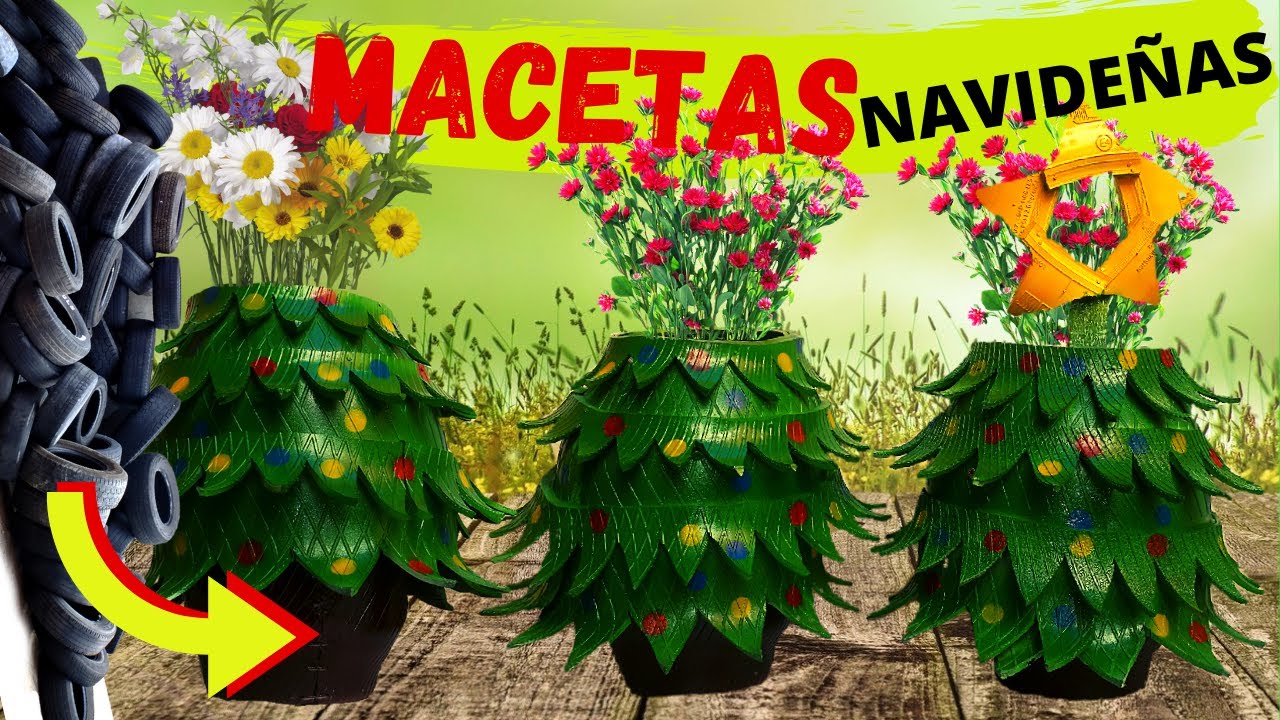 🎄Como DECORAR jardines con LLANTAS recicladas, como hacer macetas con neumáticos (pinos navideños)