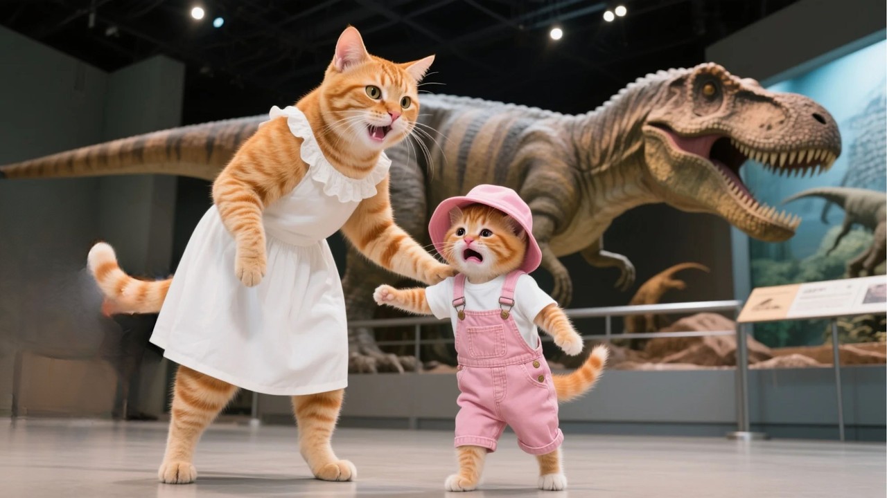 Ginger Kitten Meets Dinosaur With Mama Cat 🙀🦖 | AI Cat Video