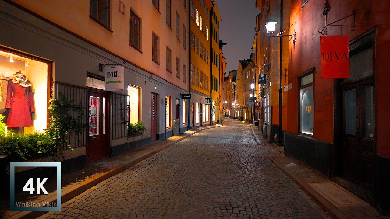 Snowy Walk in Old Stockholm, Light Snowfall Night 4K HDR