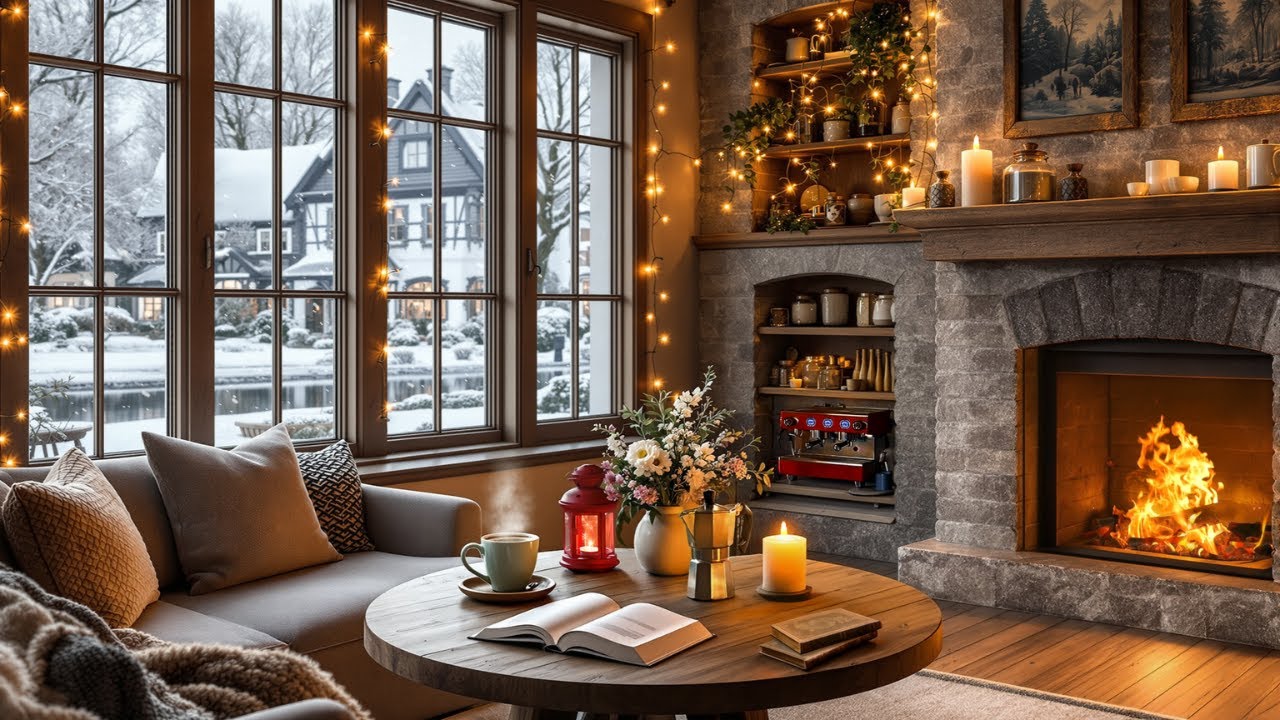 Cozy Snowy Winter Coffee Shop Ambience ❄️ Relaxing Jazz Music & Fireplace Sounds for Study, Reading
