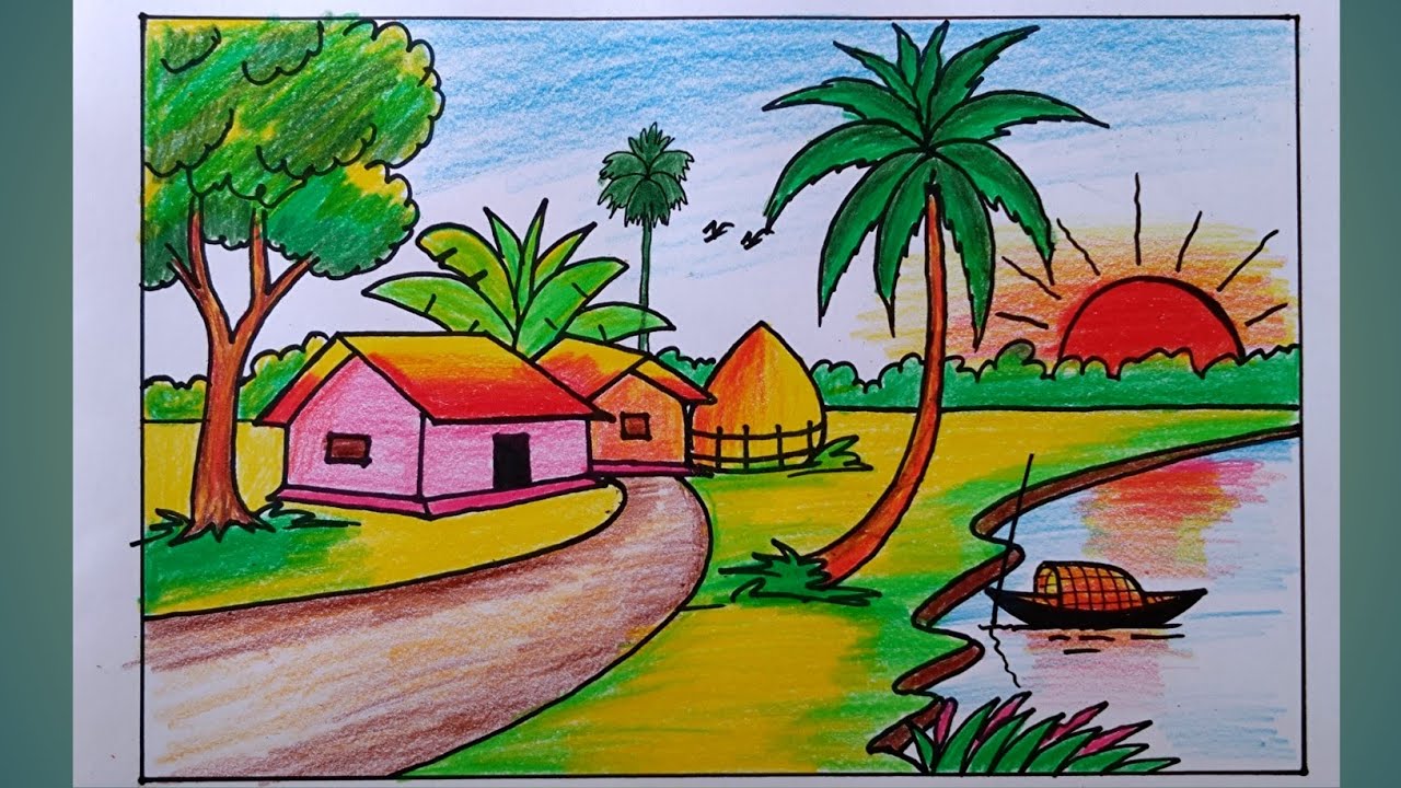 Scenery Drawing for Beginners || Beautiful landscape drawing || Easy Scenery Drawing ideas 