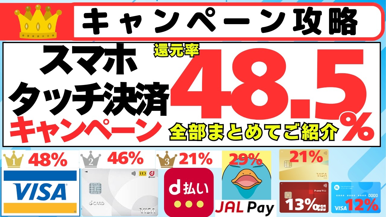 スマホタッチ決済キャンペーン　全部まとめご紹介　VISA割(dカード、三井住友カード、グローバルWallet、ポケットカード)　JALPay×モバイルICOCA、Olive、ポケットカード、Kyash