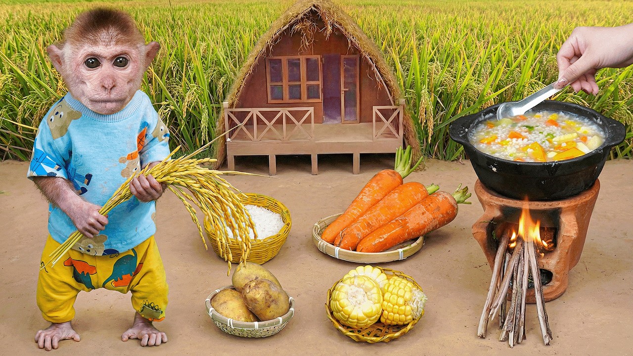 Monkey Xuka plants rice then harvests rice & corn so her older brother can cook a delicious porridge