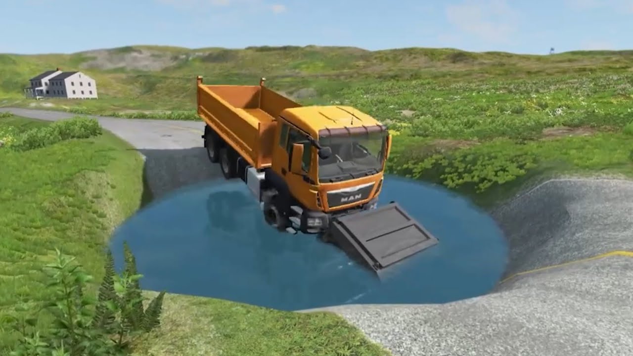 Lubang Besar Di Jalan Bikin Mobil Truk Kecelakaan - Cars Vs Giant Potholes -  Beamng 4 Crash