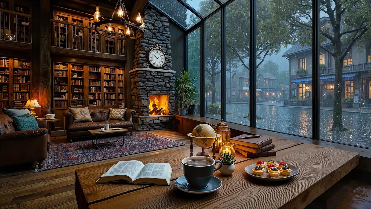 Cozy Rainy Library Cafe Ambience ☕ Smooth Jazz Piano with Warm Fireplace & Rain Sound for Study