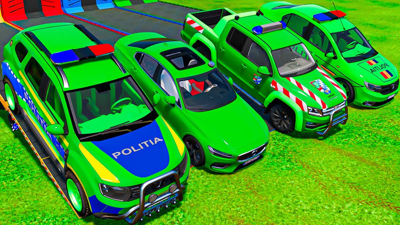 POLICE CAR ! GREEN POLICE CARS TRANSPORTING with TRUCKS ! Farming Simulator 22