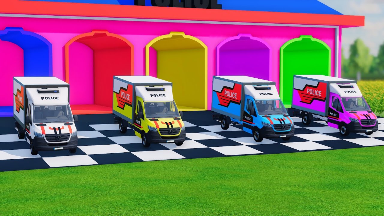 TRANSPORTING BUS, POLICE CARS, DUMP TRUCK, BOX TRUCK, FIRE TRUCK WITH SCANIA TRUCK  - FS22