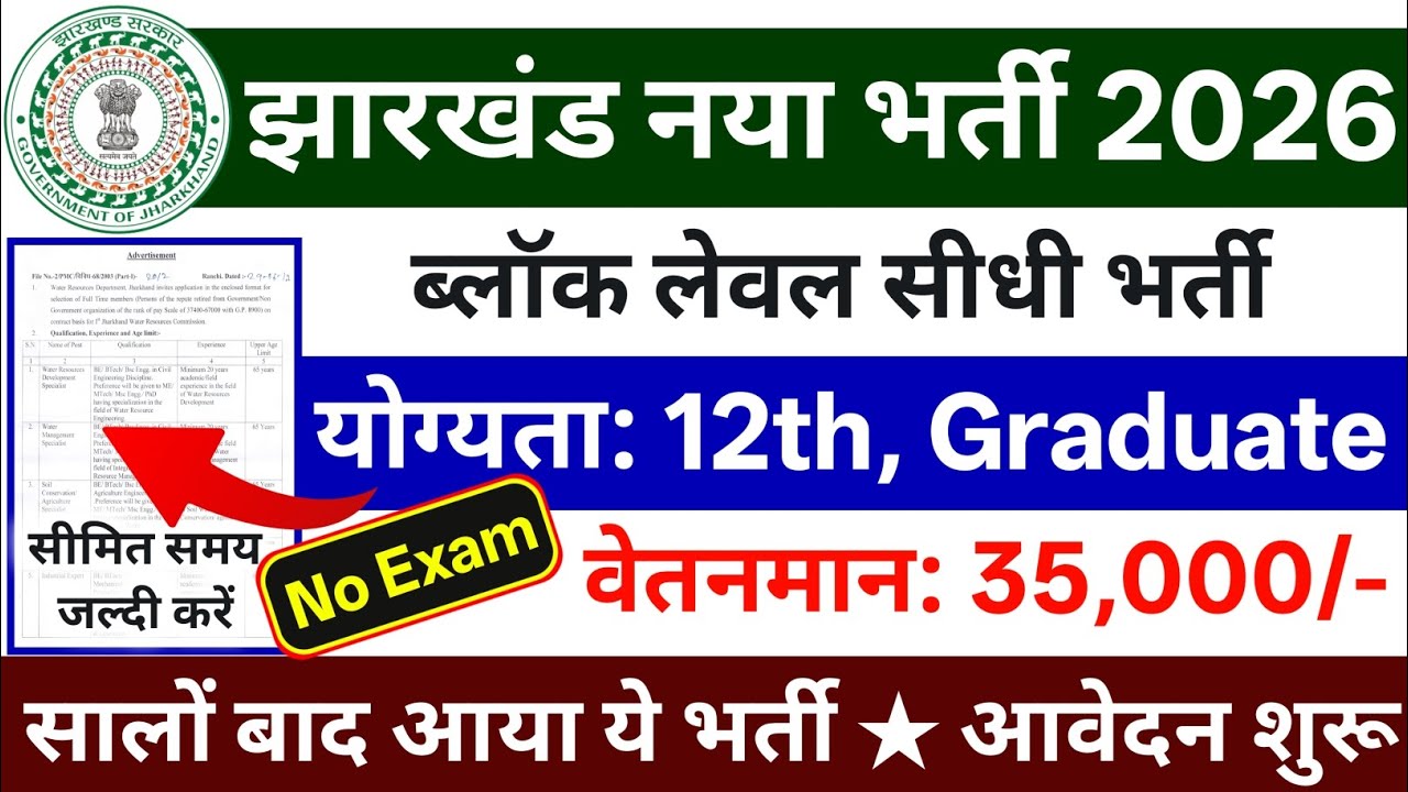 झारखंड नया वैकेंसी 2026 | ब्लॉक लेवल सीधी भर्ती | 12वीं पास | Jharkhand New Vacancy 2026