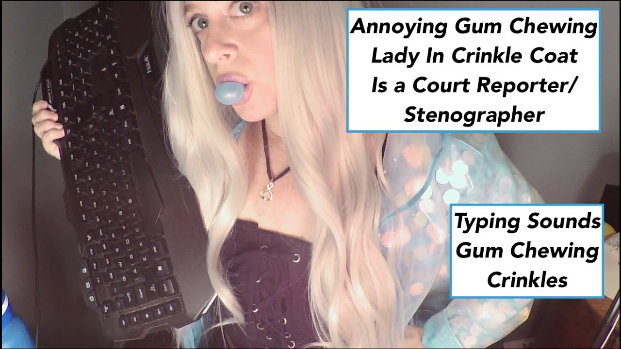 ASMR Gum Chewing Annoying Woman In Crinkle Coat Is a Court Reporter Stenographer Typist