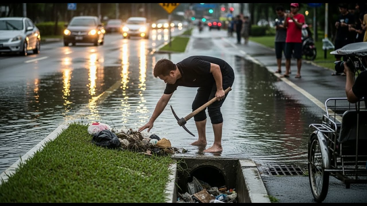Post-Rain Drainage Effort, drain rain water on the street road