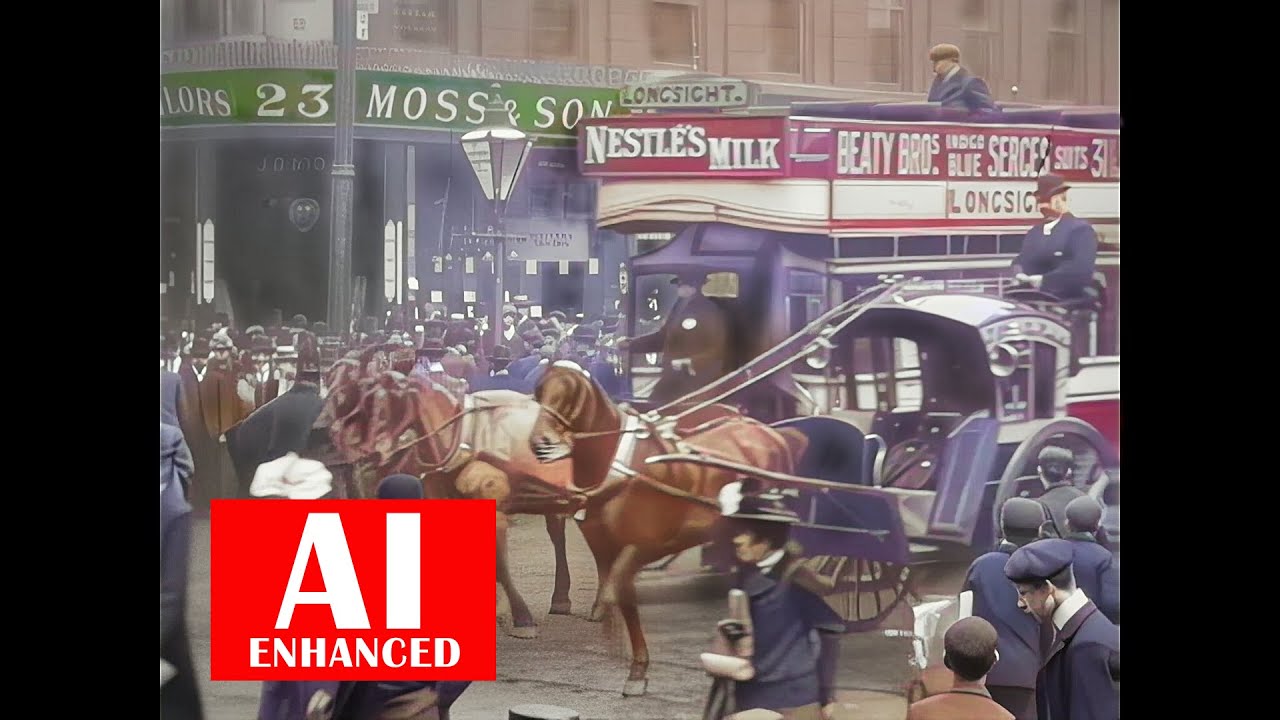 Manchester Market Street, 1901. AI Enhanced. BW. Detail Recovered, Noise Removed, Sound Added, HD