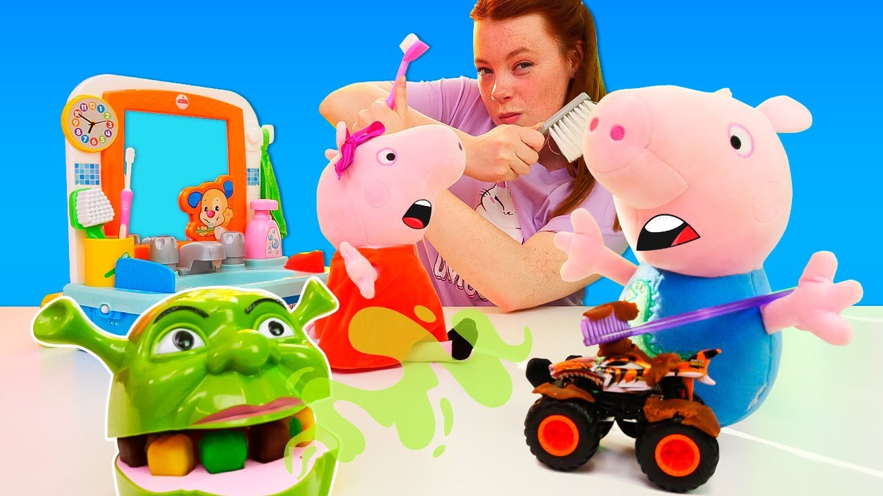 Irene und Peppa Wutz auf dem Kanal Pl&uuml;pa Pl&uuml;sch Paradies. Eine Zahnb&uuml;rste f&uuml;r Shreck.