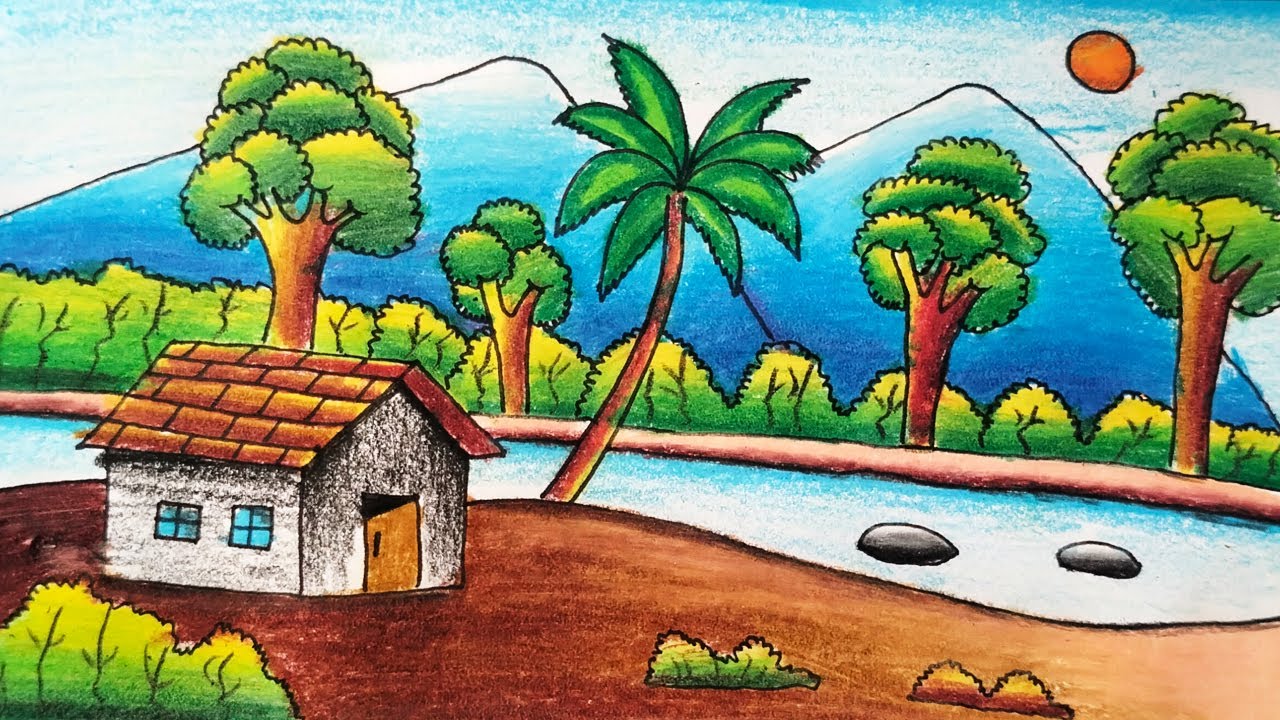 How To Draw Beautiful Mountain Village Scenery | Easy Mountain Landscape Drawing for Beginners