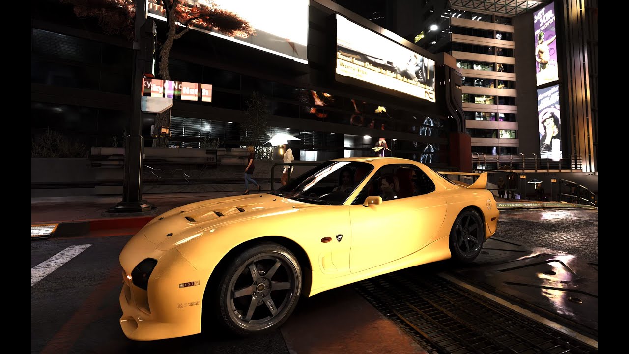 Mazda RX-7 center town by a rainy night - Cyberpunk 2077 4K Ultra Path Tracing