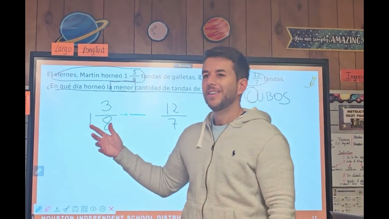 Comparar números mixtos y fracciones impropias. 4° Dual Language Matemáticas, Texas.