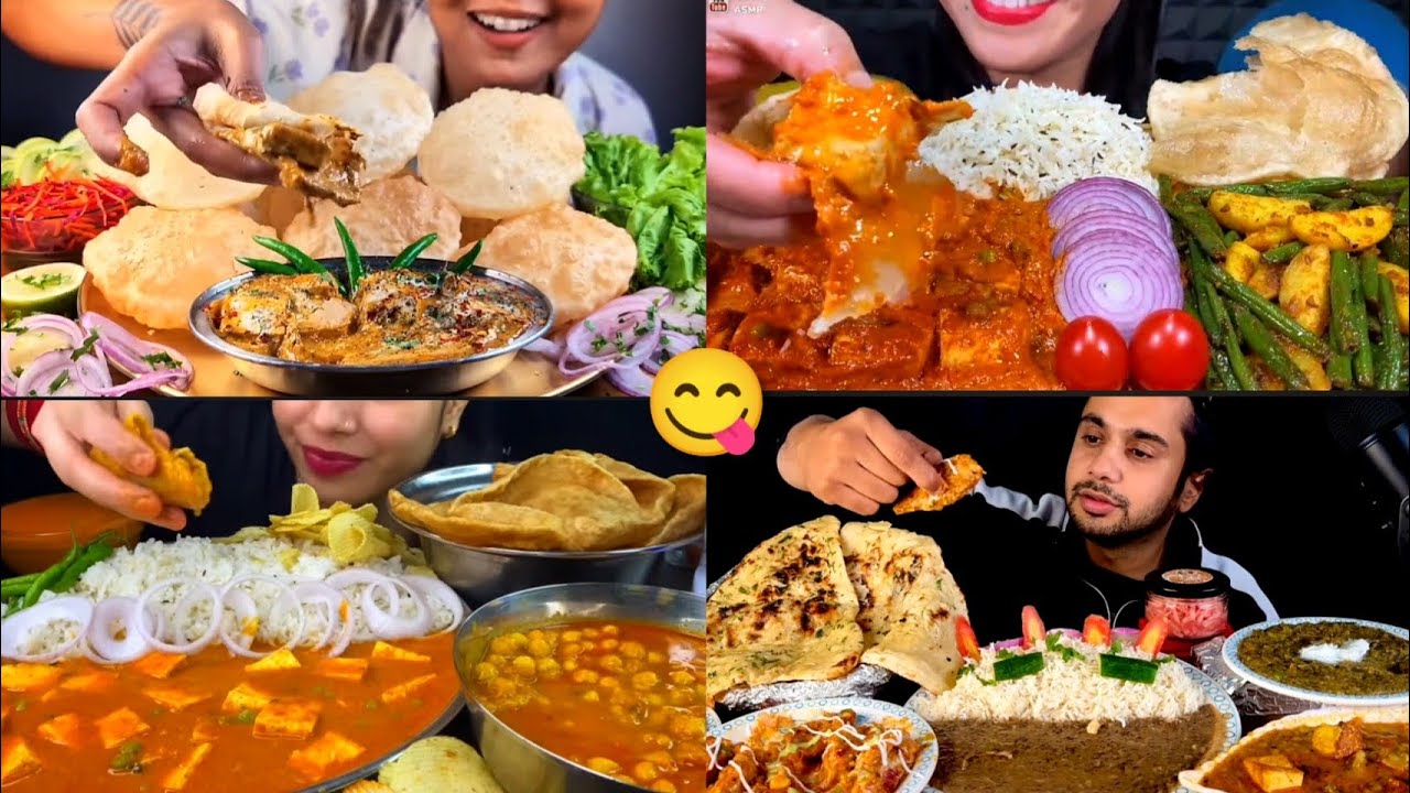 Shahi paneer with puuri 😋,chole Puri and rice ,dal chawal eating compilation #shahipaneermasala 