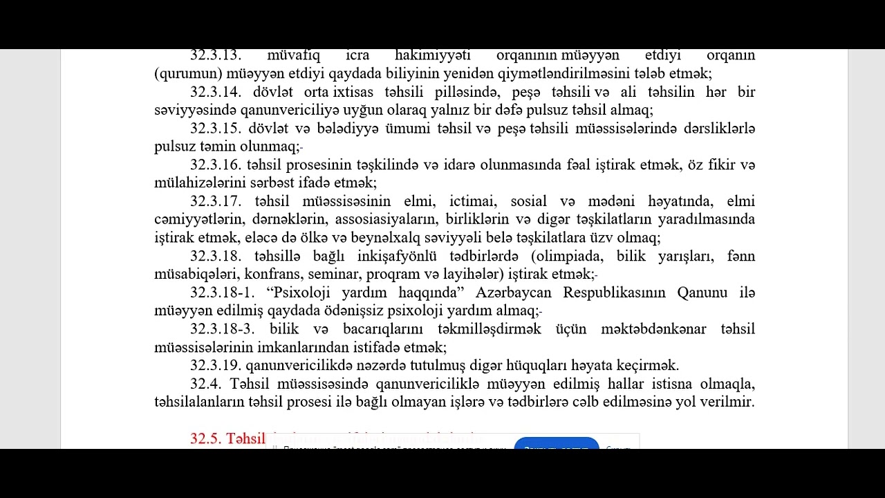 TƏHSİL QANUNU MADDƏ 32 33 34 TƏHSİLVERƏNLƏRİN, TƏHSILALANLARIN VƏ VALİDEYNLƏRİN HÜQUQ VƏ VƏZİFƏLƏRİ 