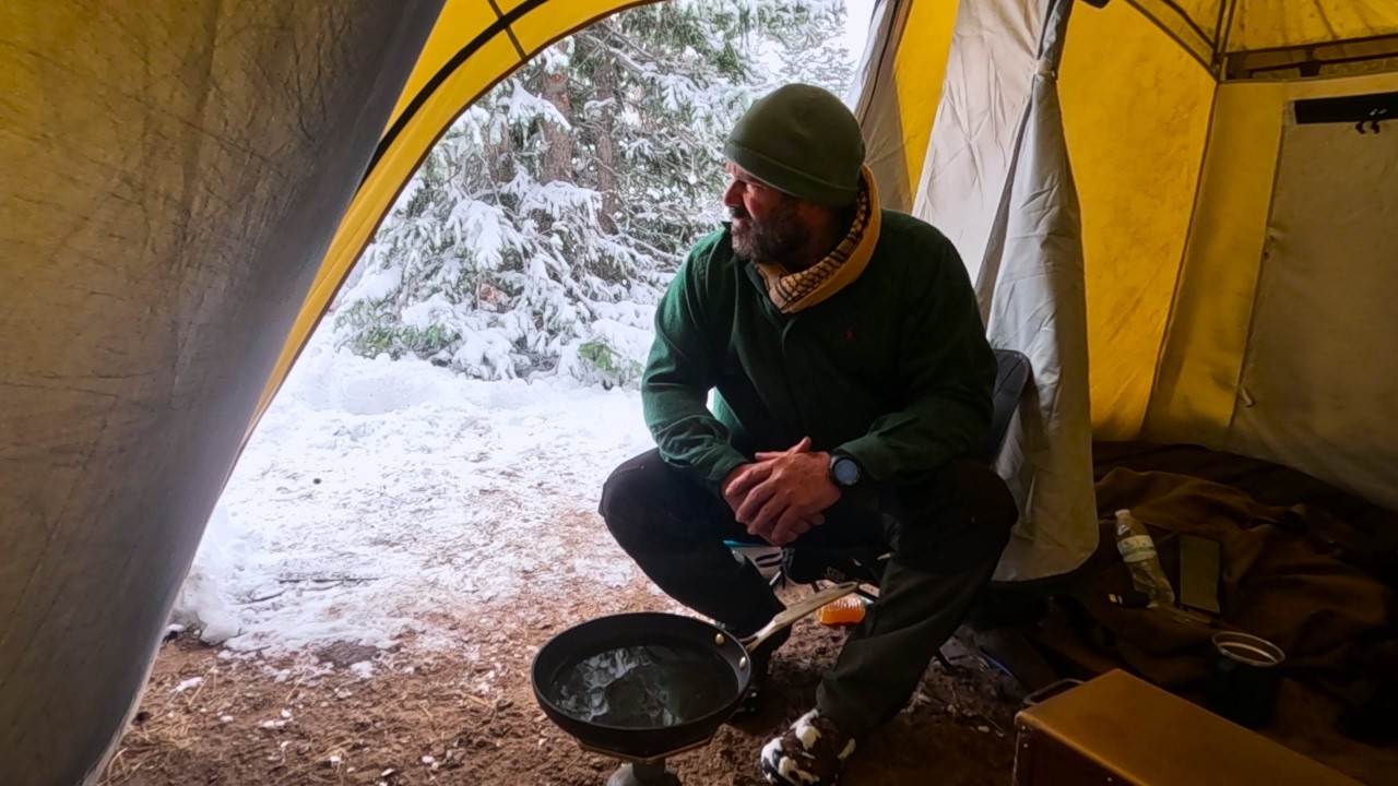 Hot Tent Camping in Snow Storm with my Dog