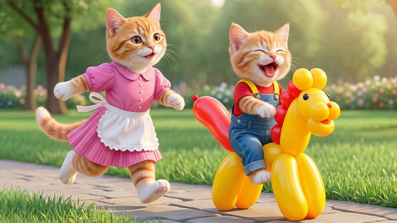 🐱🎈 Clever Mother Cat Makes a Balloon Horse for Her Kitten — Ginger Is So Happy! 🐴✨